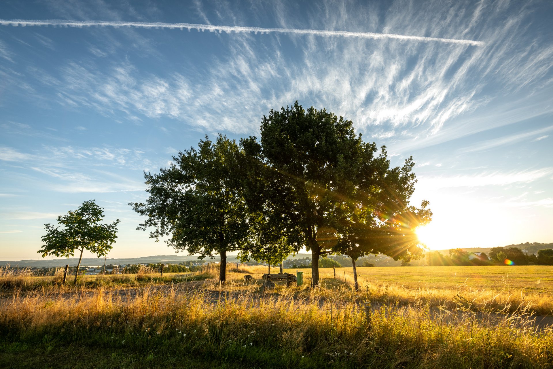 Sonnenaufgang am Hebeberg mit strahlend blauem Himmel und ein paar Schleierwolken