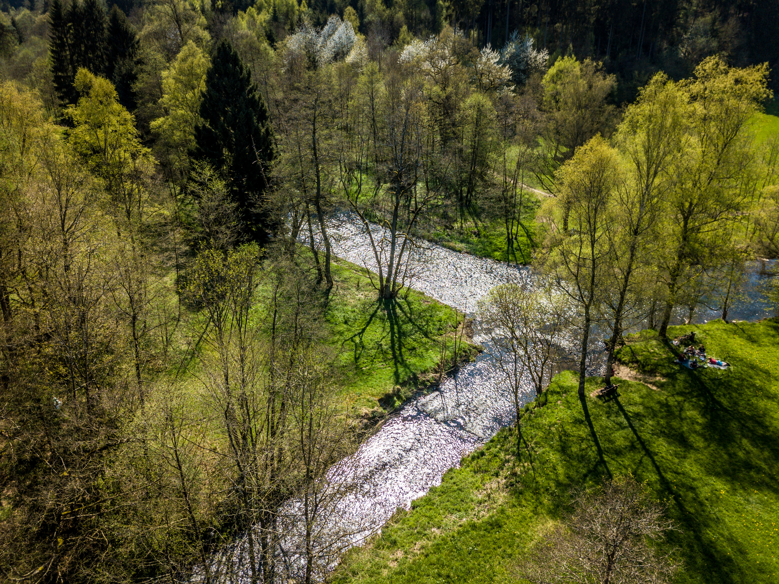 Luftbild des Zusammenflusses der großen und der kleinen Nister am "Deutschen Eck" des Westerwaldes